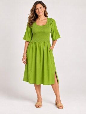 ASHRO Green Smocked Midi Dress Size 14 Rayon